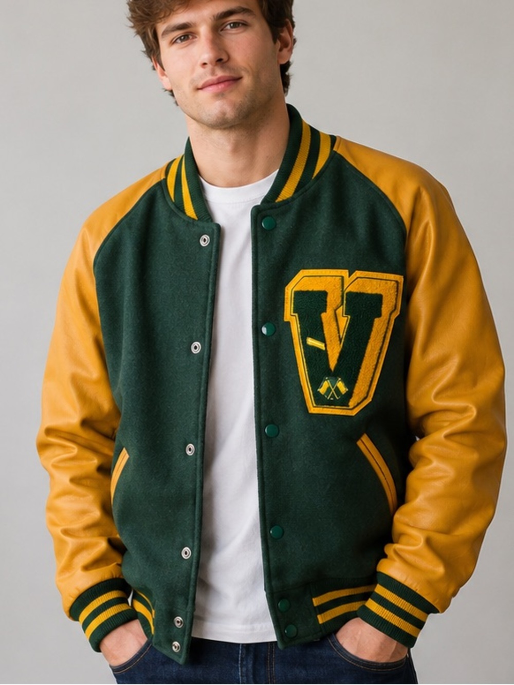 Green & Gold Varsity Jacket - Men's Classic Letterman